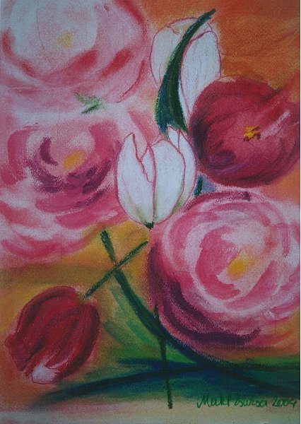 034.jpg - Bazsarózsa tulipánnal - 40 x 30 cm, pasztellkréta, papír - magántulajdon