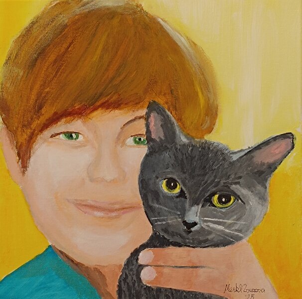 436.jpg - Zsomi és a szürke cica - 40 x 40 cm, akril, vászon